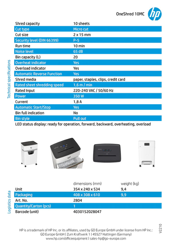 HP OneShred 10MC 碎紙機